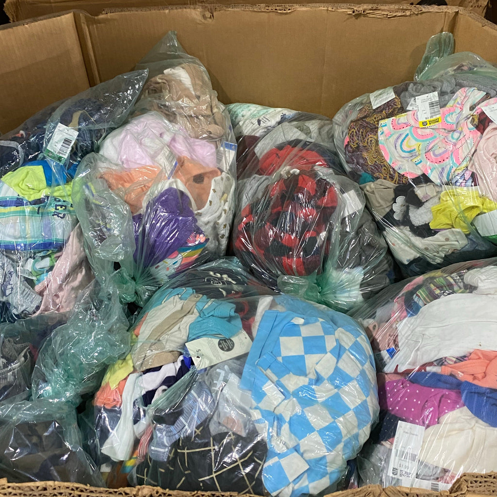 Pallet box filled with assorted used children's clothing.