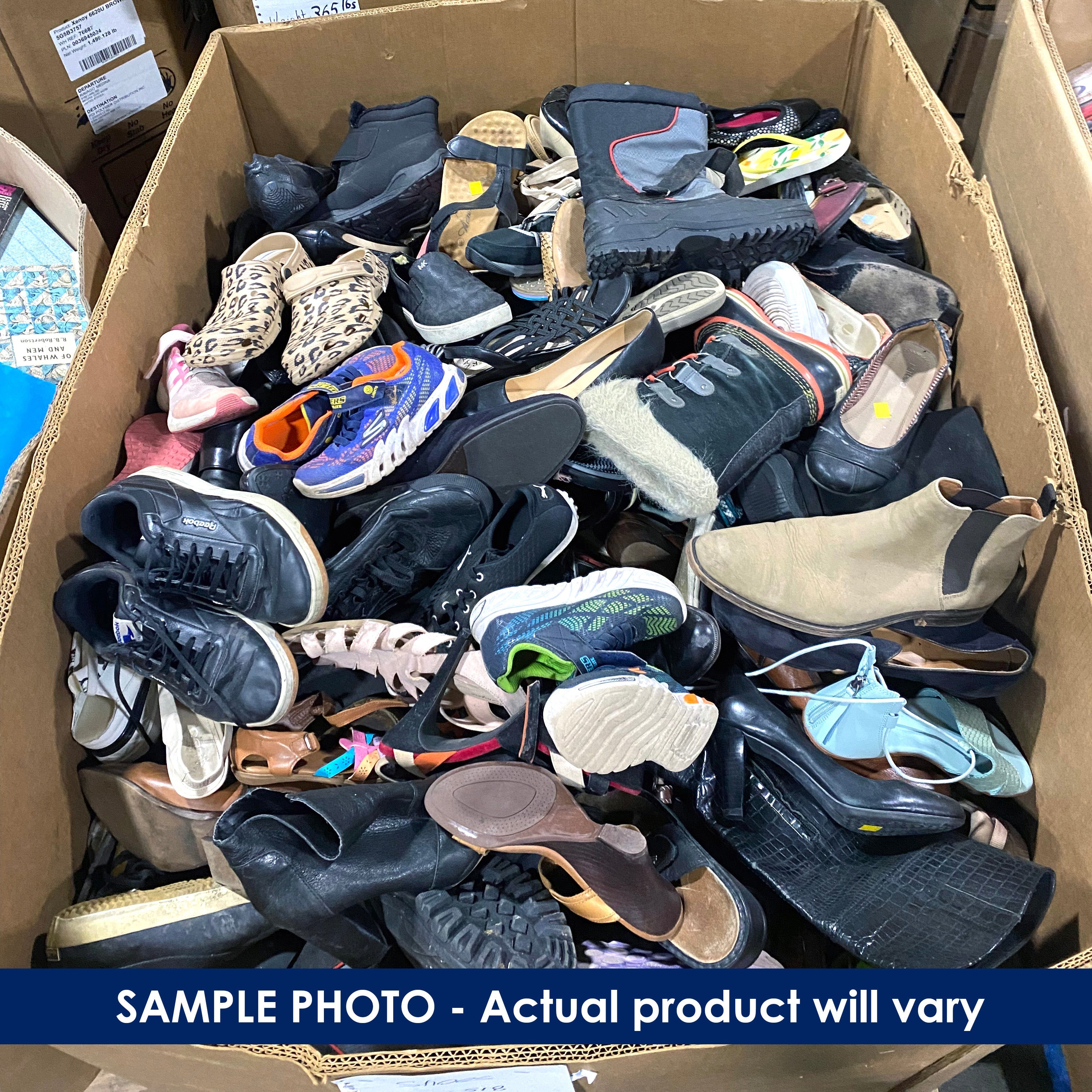 Pallet box filled with various used footwear.