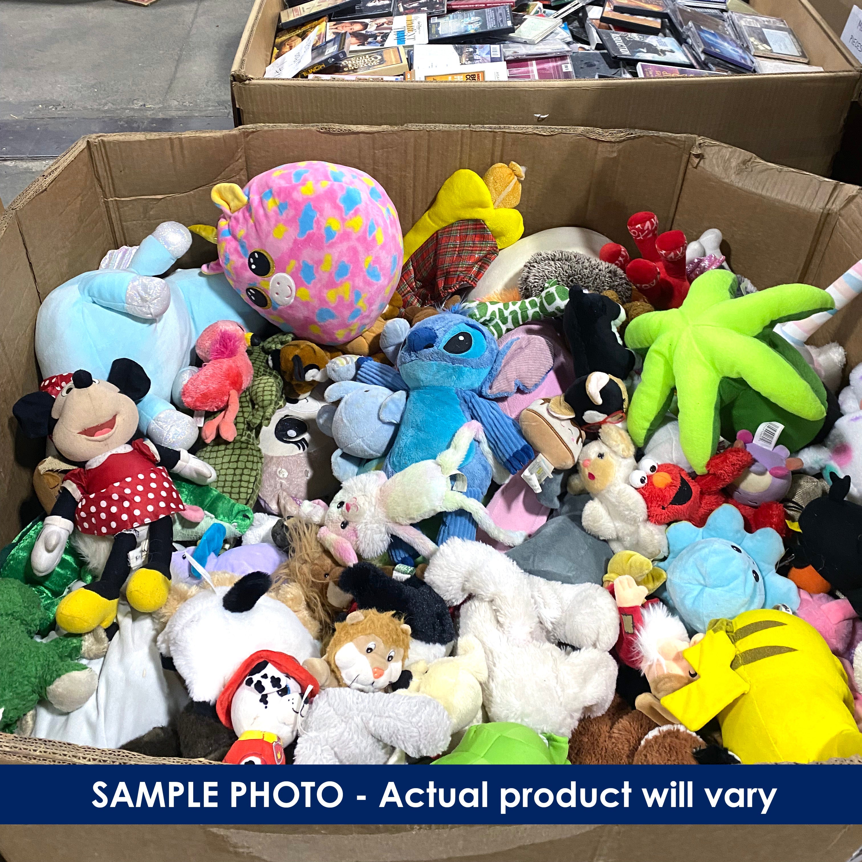 Pallet box filled with assorted plush toys.